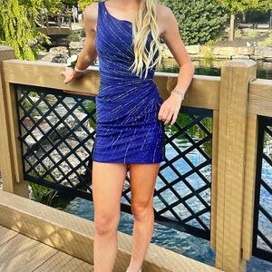 Sherri Hill one shoulder dress with rhinestones.  Color Navy and size 00.